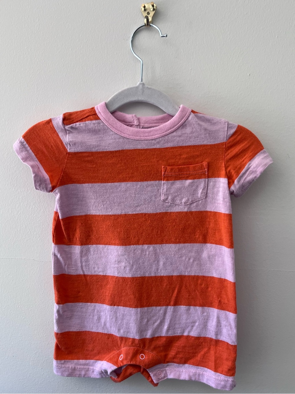 Primary | Heathered Pocket Shortie in Pink and Orange Stripes | 6-12 months